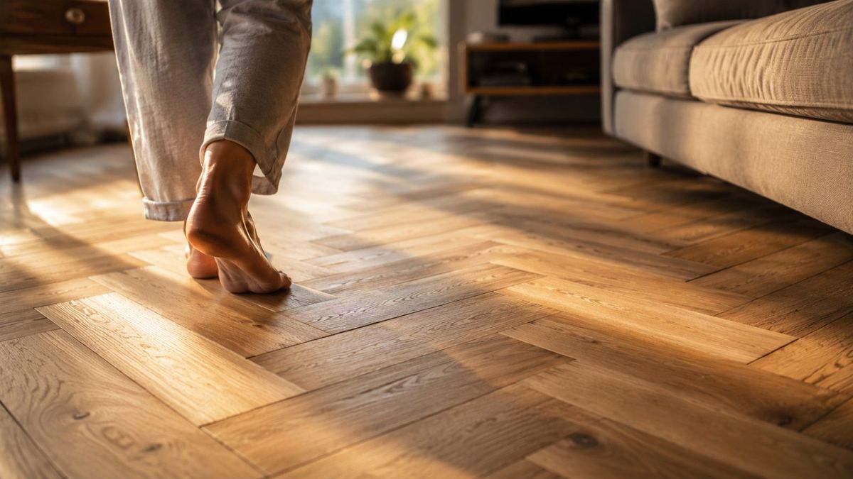Bare feet on a warm oak herringbone floor in morning light