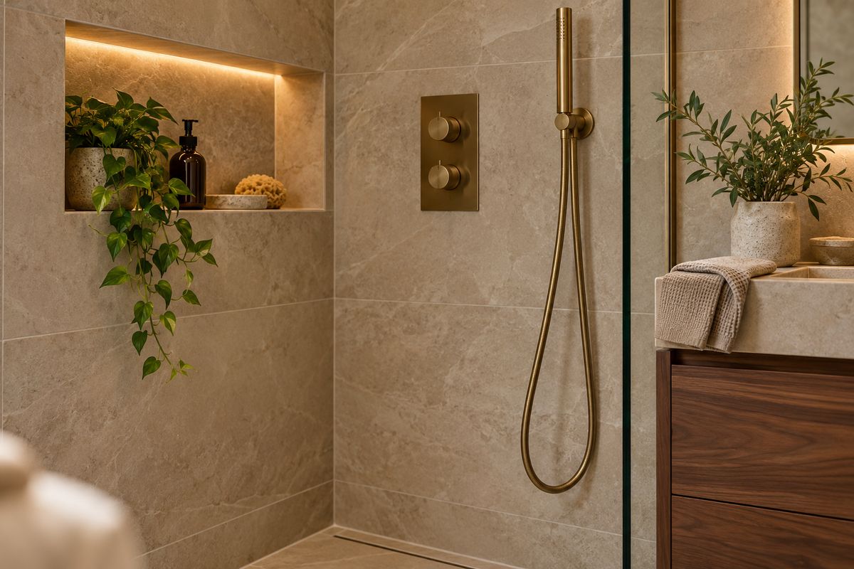 Brushed brass shower fittings, large-format tiles and a lit niche with plants