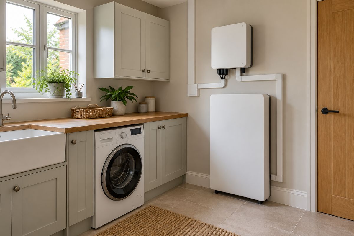 A utility room with a wall-mounted home battery beside the washing machine