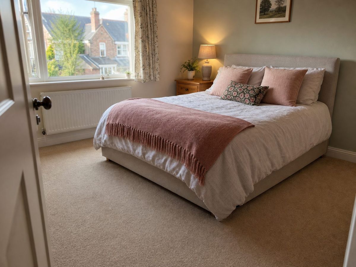 A calm bedroom with soft carpet and a neutral colour scheme