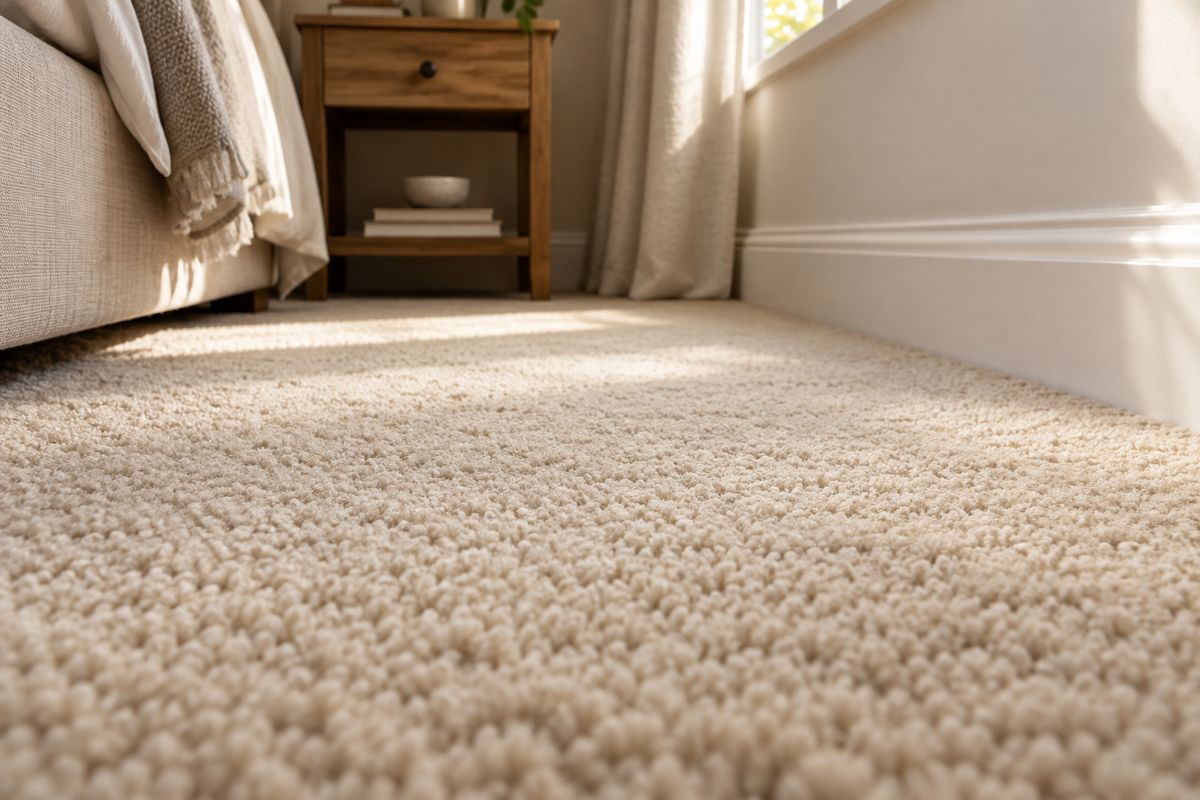 Close-up of a cream wool loop carpet in soft window light