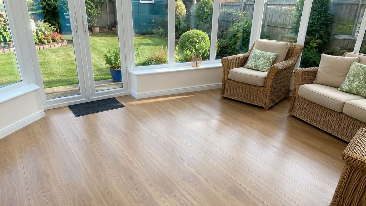 A conservatory with a light laminate floor and wicker chairs