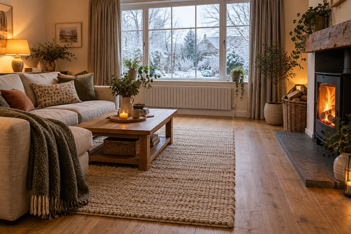 A warm snug with a wood burner, oak floor and a woven rug