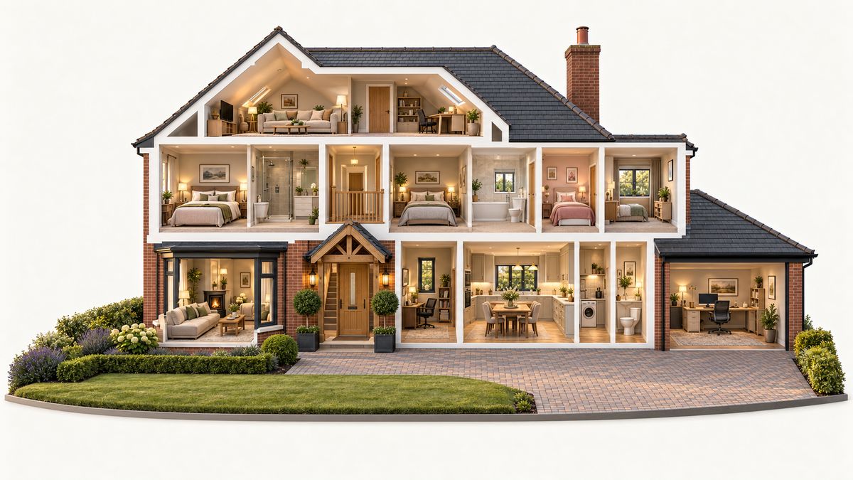 A cutaway of a four-bedroom Essex house showing the loft, first floor bedrooms and bathrooms, and the ground floor living room, hall, study, kitchen and dining room, utility, cloakroom and garage office