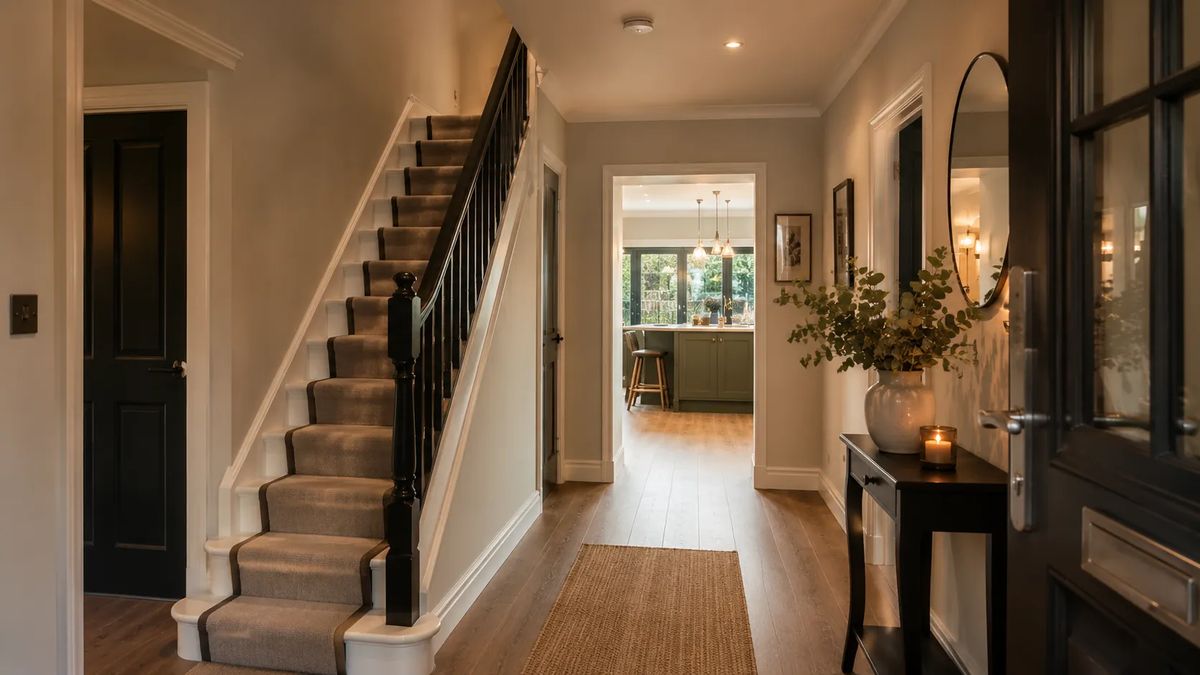 A finished hallway with a carpet stair runner, dark painted spindles and an oak floor