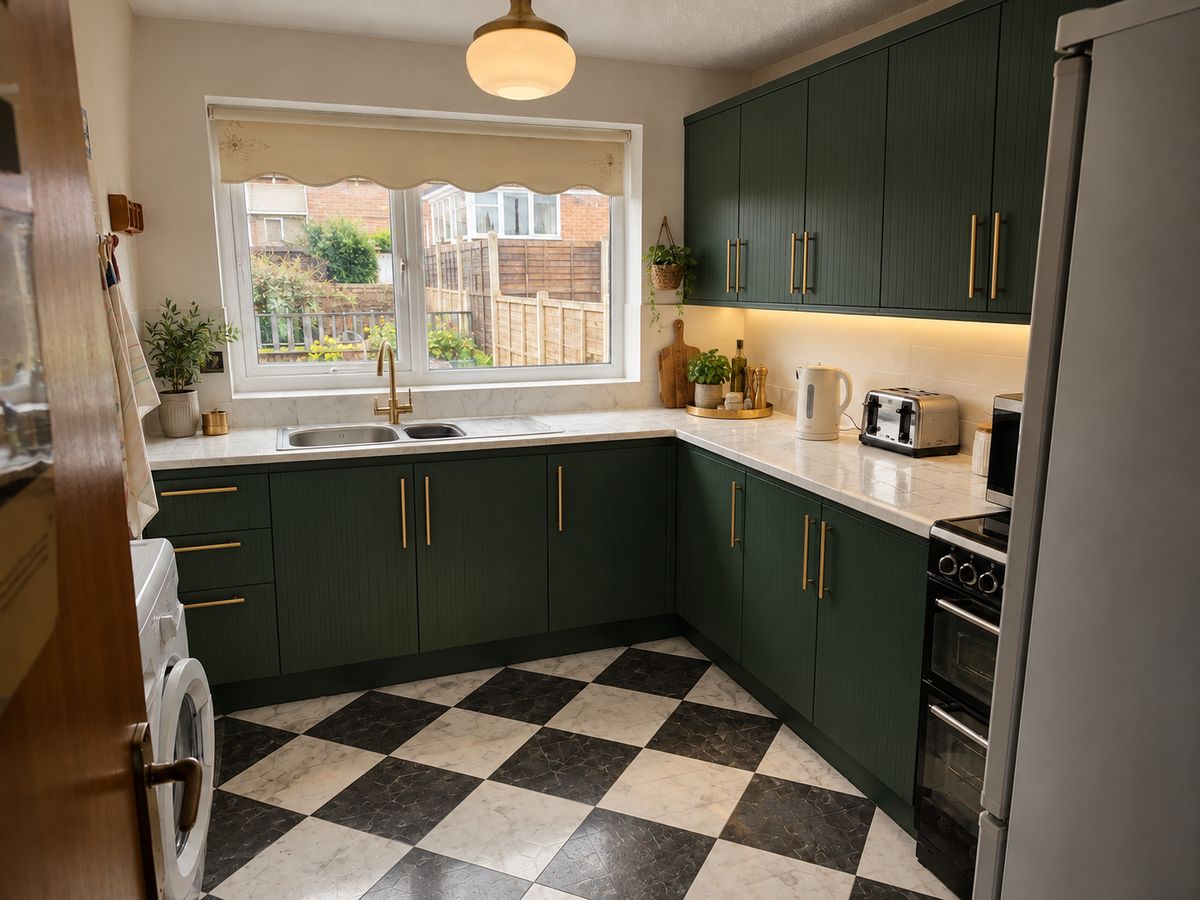 The kitchen with deep green units, brass handles and a chequerboard floor