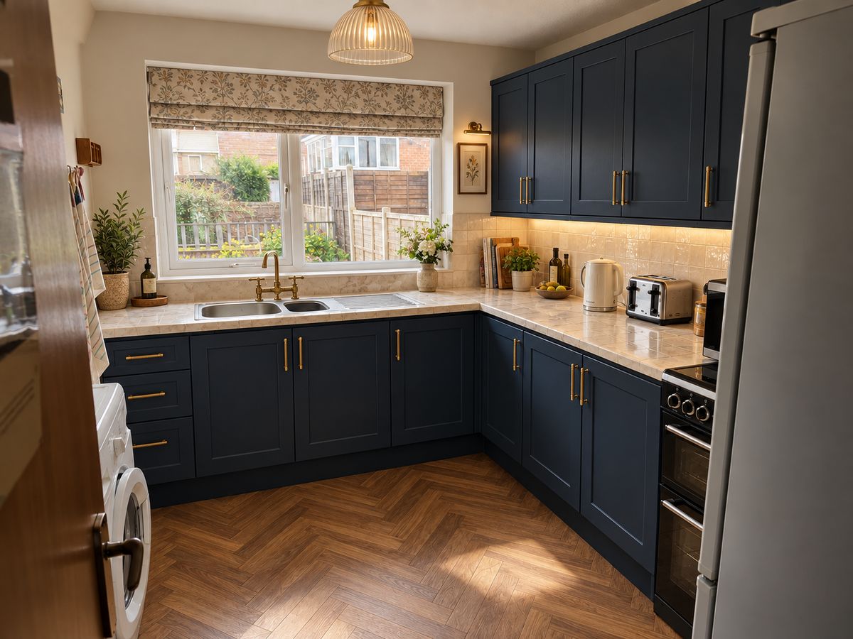 The kitchen with navy shaker units, brass handles and a herringbone floor
