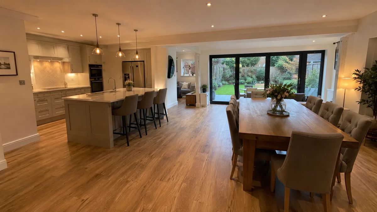 An open-plan kitchen and dining room with bifold doors to the garden