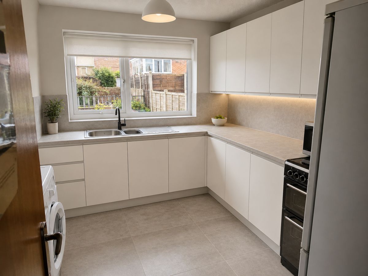 The kitchen with white handleless units and a pale stone floor
