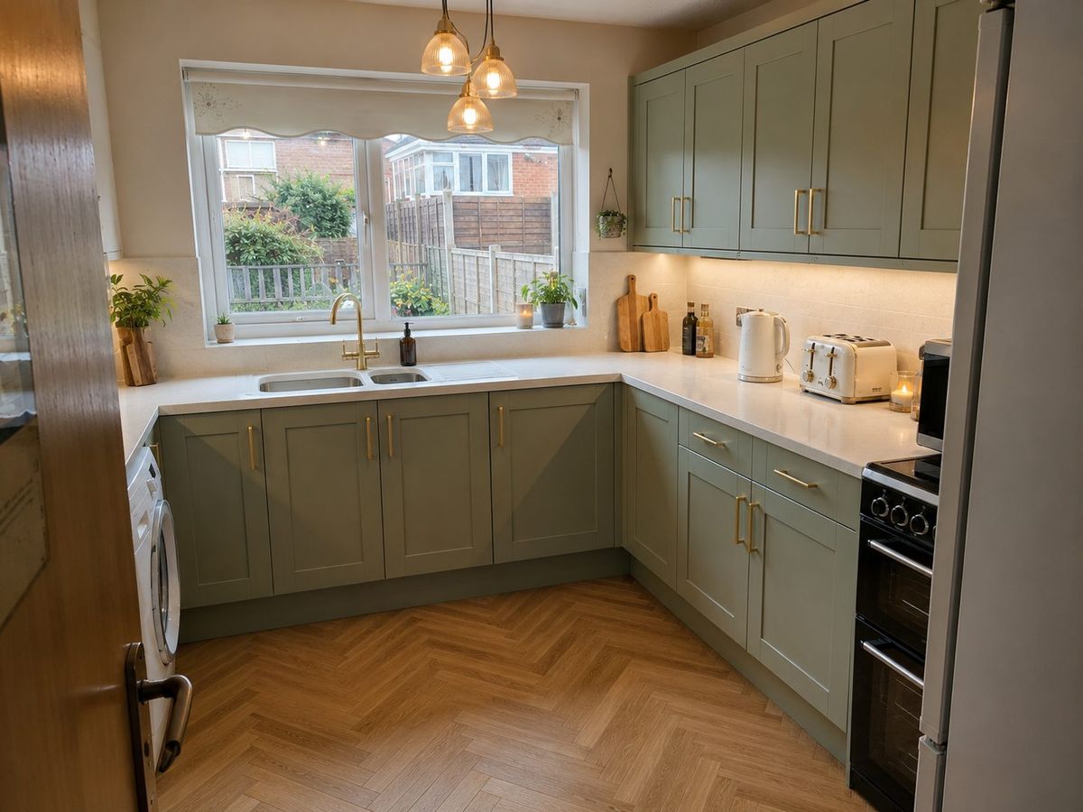 The kitchen with sage green shaker units, brass handles and an oak-effect herringbone floor