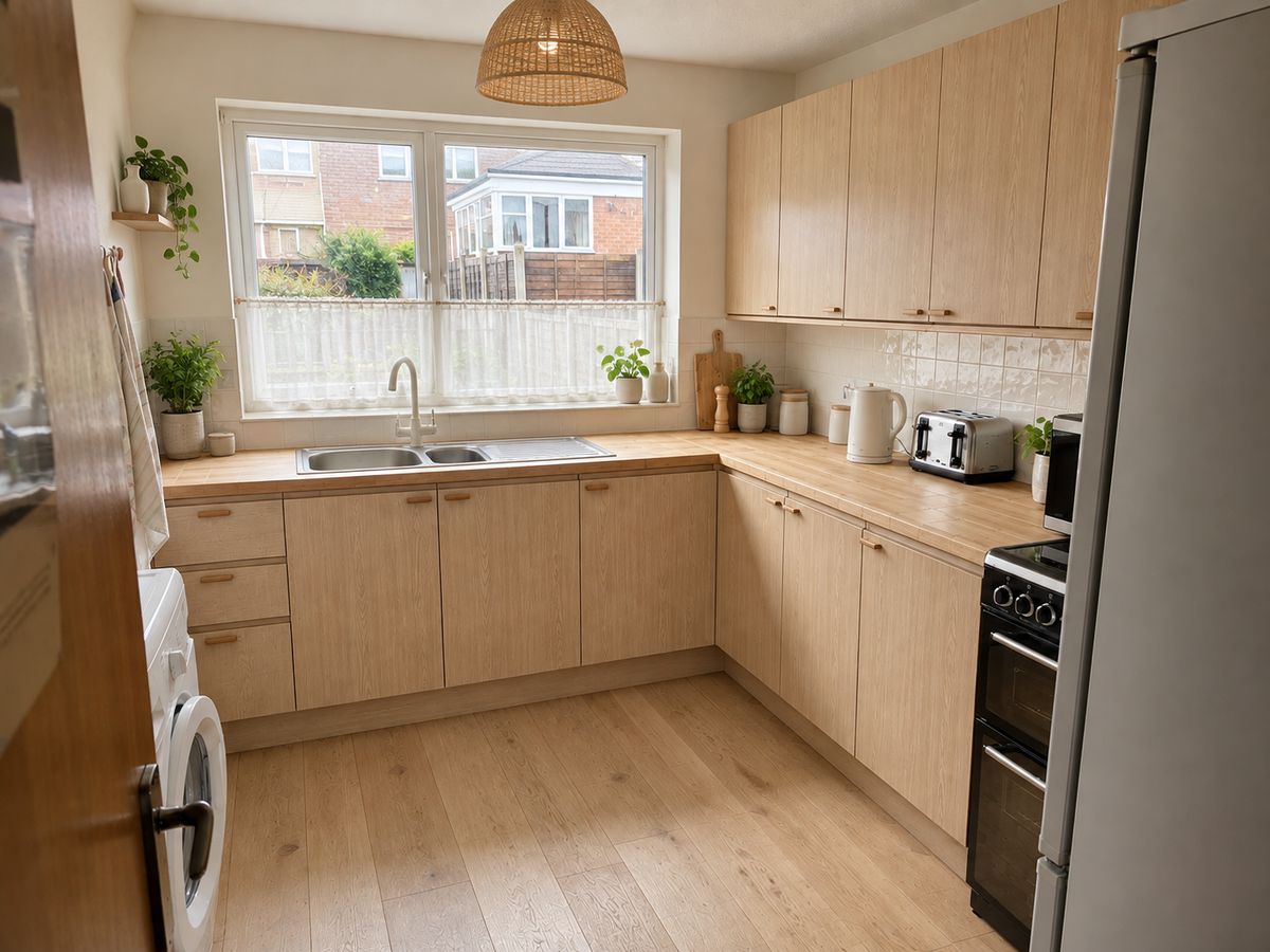 The kitchen with pale timber units and a light oak floor