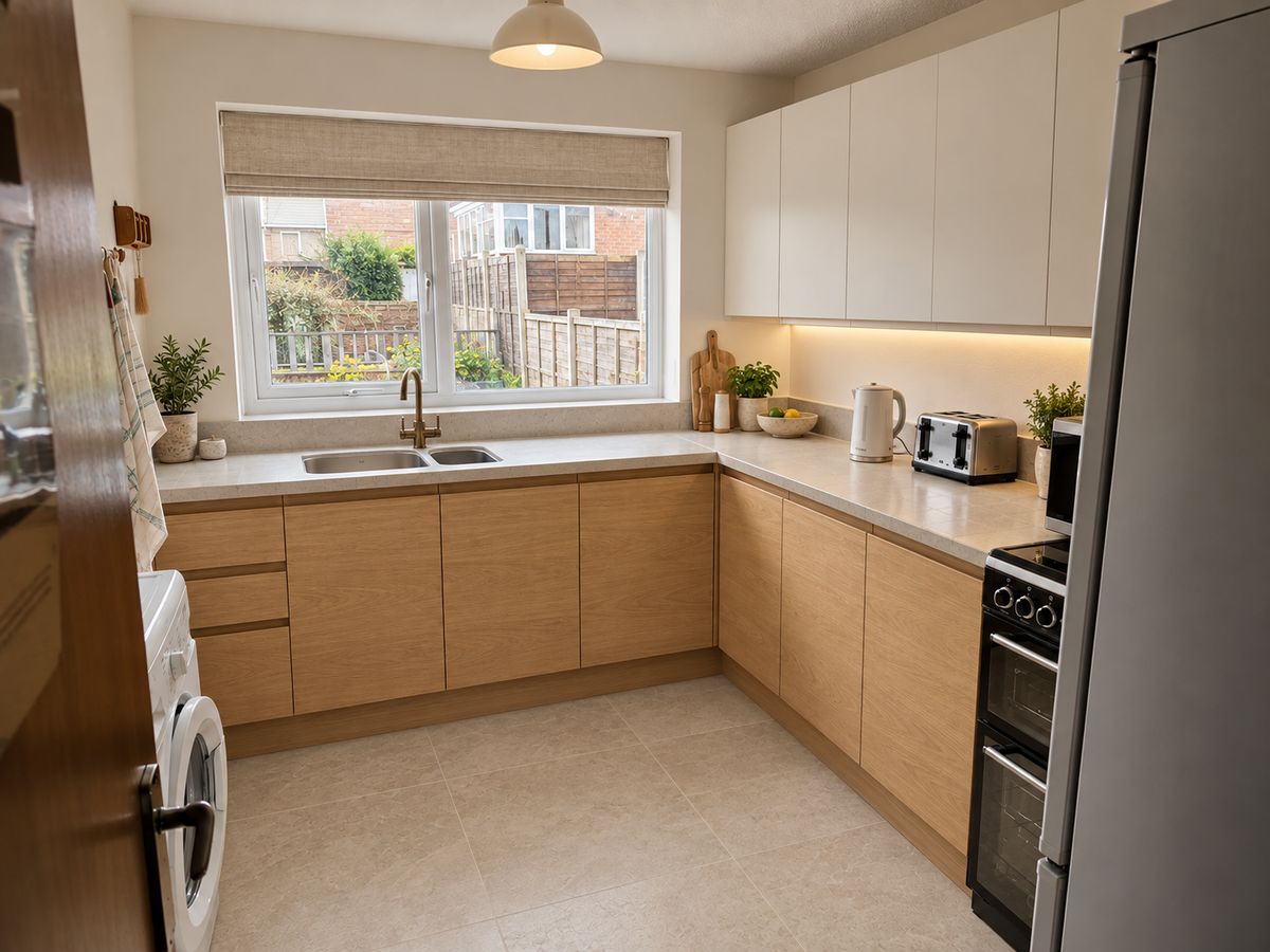 The kitchen with oak handleless base units, warm white wall units and a pale quartz worktop