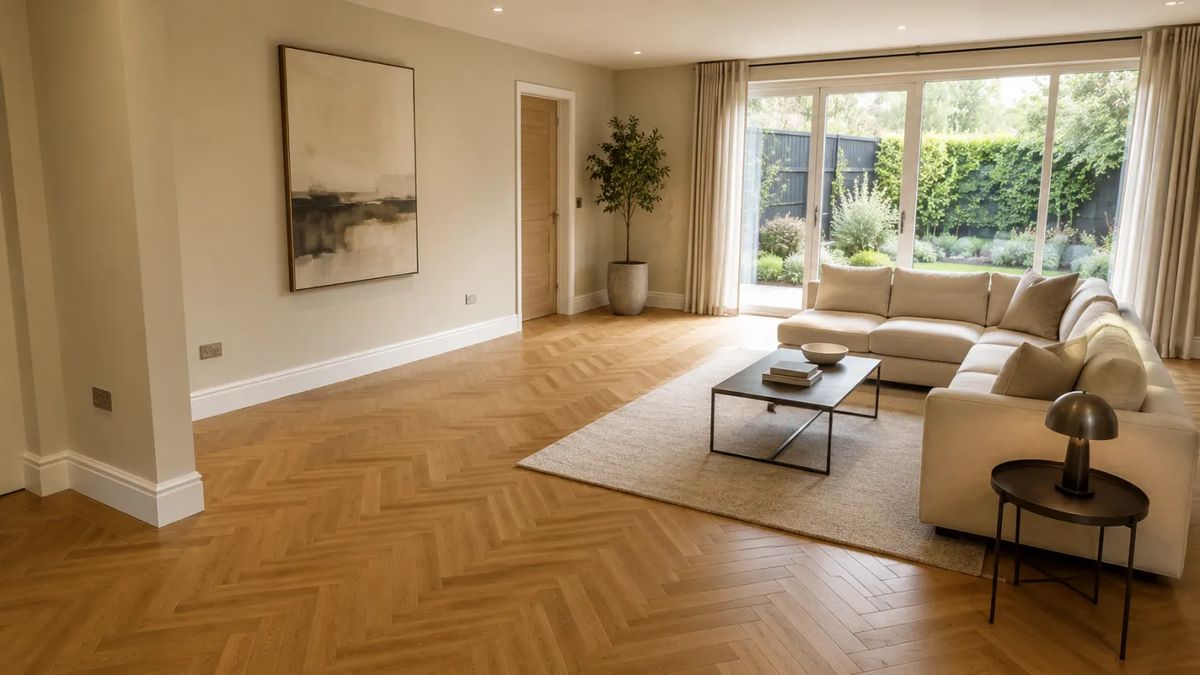 A bright living room with a pale oak floor and a cream sofa