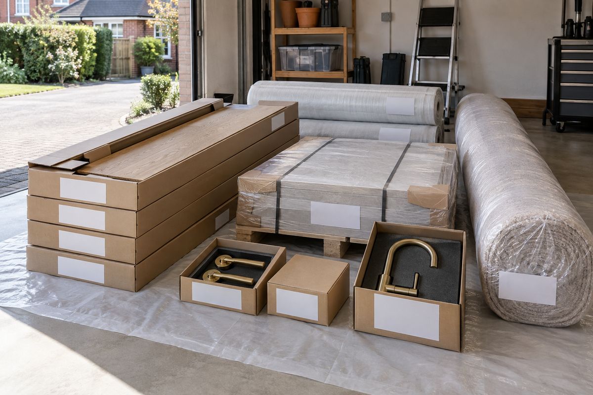 Flooring boxes, carpet rolls and boxed fittings packaged together for delivery