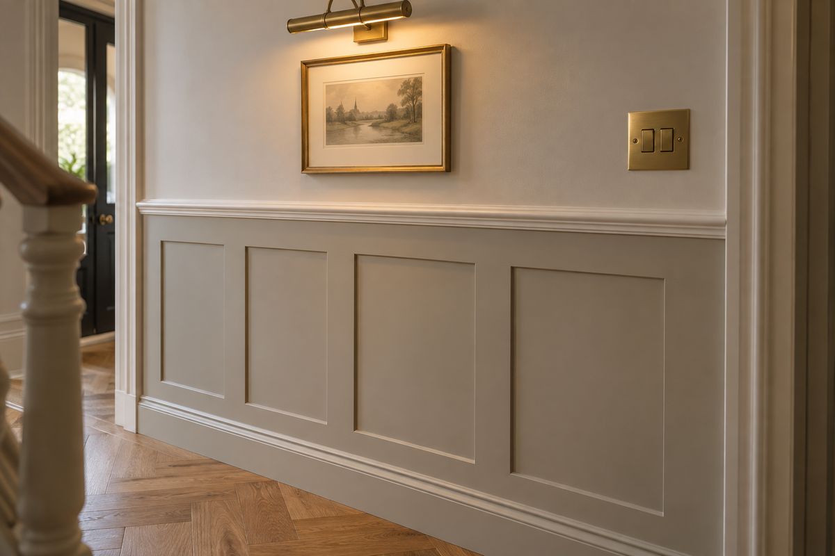 A panelled wall painted warm grey with a brass picture light
