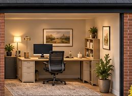 A converted garage office with a desk, shelving and warm lighting