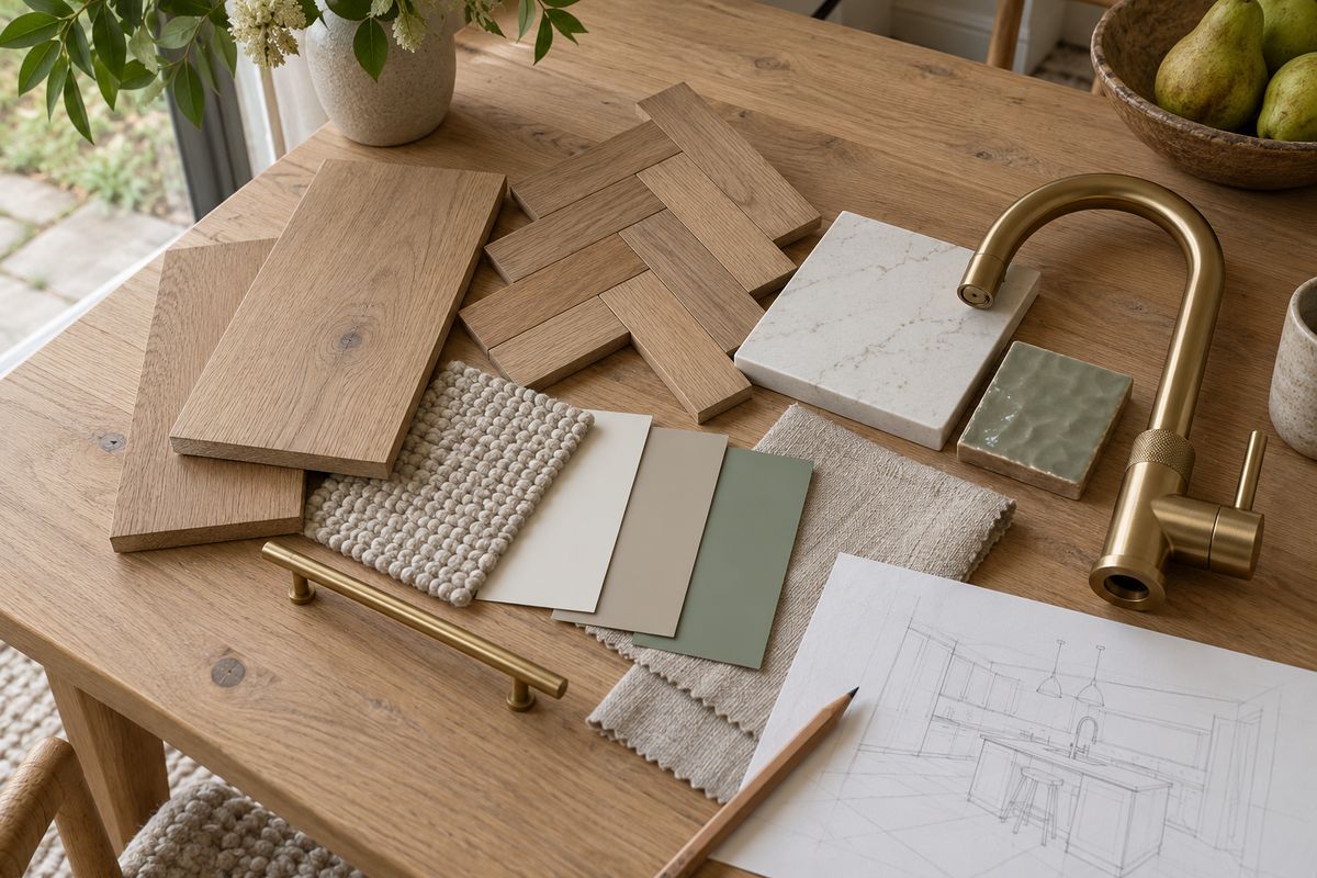 Flooring, worktop and paint samples laid out beside a pencil sketch