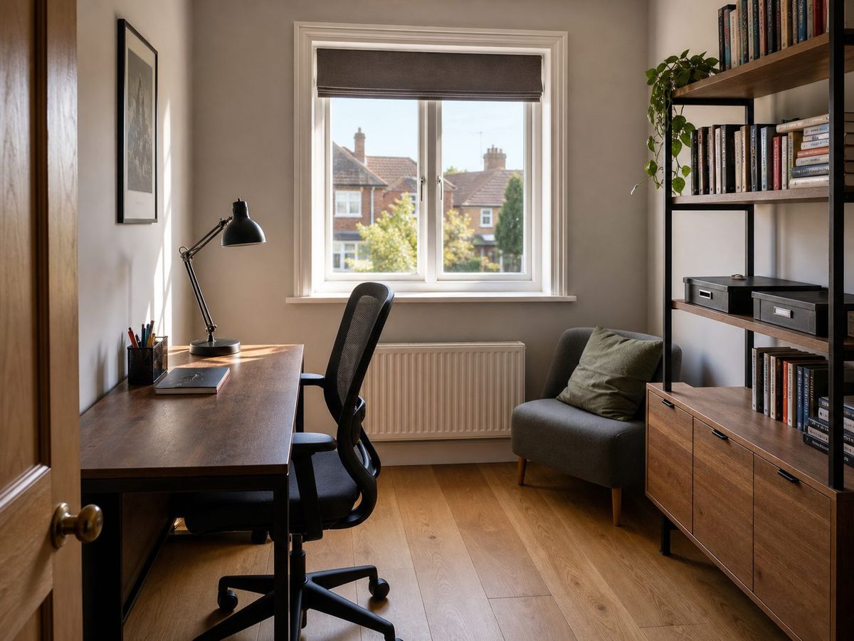 A home study with built-in shelving, a desk lamp and a timber desk
