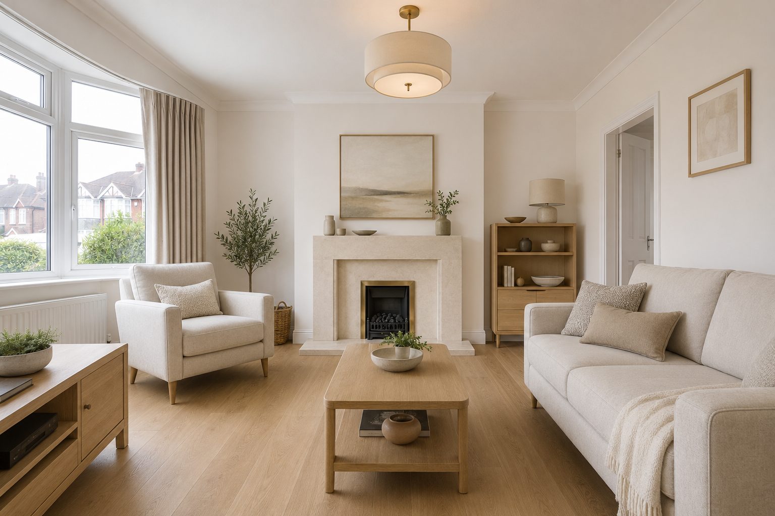 After: Calm, contemporary living room with wood flooring and pared-back styling